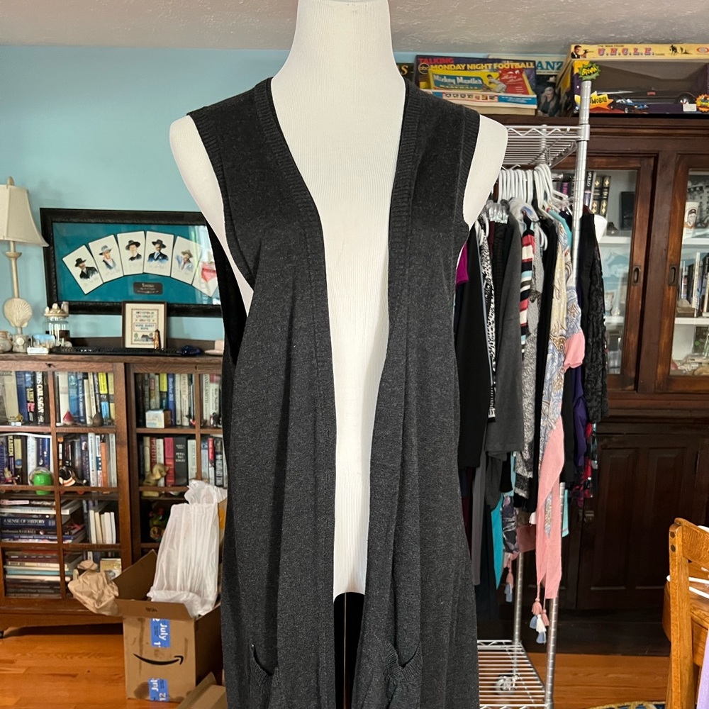 Coldwater Creek soft knit long open duster vest xl dark gray
